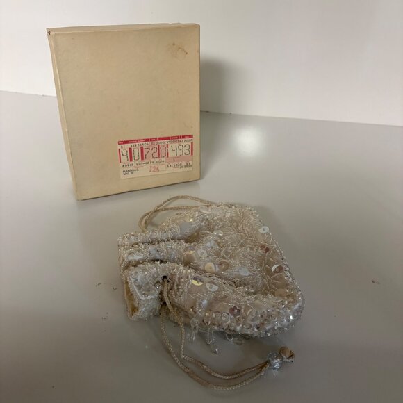 White Beaded Sequins Satin Drawstring Pouch Evening Bag Original Box Vintage - Picture 5 of 7